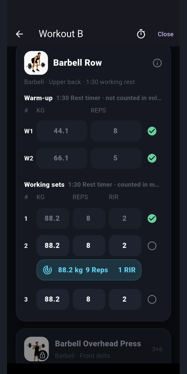 Track sets, reps, weight and RIR without friction.